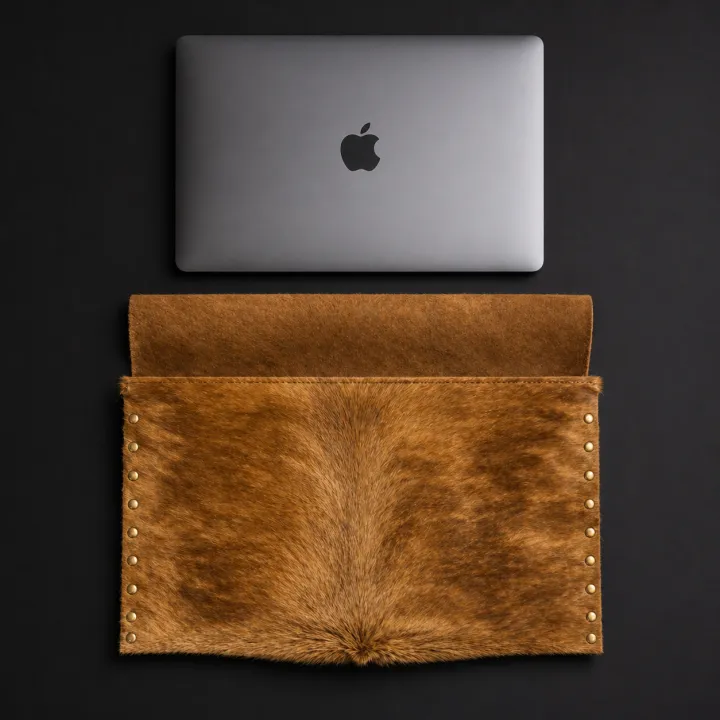 Umhlaba — warm tan Nguni sleeve with a MacBook resting above it